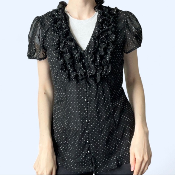 Vintage INC Womens Black Polka Dot Blouse Ruffled Collar Office Siren Large - Picture 2 of 10
